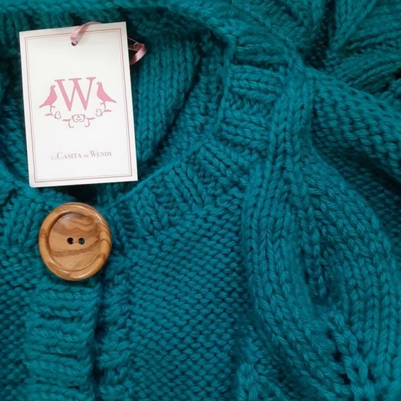 Ethical New Hand Knit Leaf Wool Sweater Coat Teal La Casita De Wendy - Picture 3 of 3